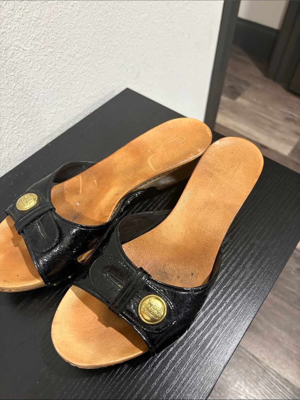 Coach Black Patent Platform Slide Sandals with Gold Coin Accent
